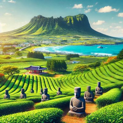 DALL·E 2024-11-16 06.06.17 - A stunning scenic view of Jeju Island in South Korea, featuring the iconic Hallasan Mountain in the background, lush green tea fields in the foregroun.jpg