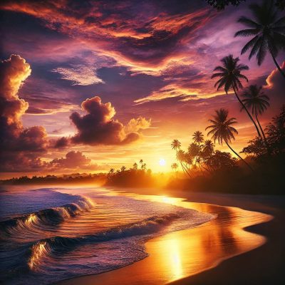 DALL·E 2024-11-16 06.13.57 - A stunning sunset beach scene with a sky filled with warm colors of orange, pink, and purple blending together. The sun is low on the horizon, casting.jpg