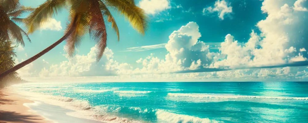 DALL·E 2024-11-16 06.15.10 - A serene tropical beach scene with a bright blue sky and a few fluffy white clouds. The ocean is calm, with gentle waves reaching the sandy shore, and.jpg